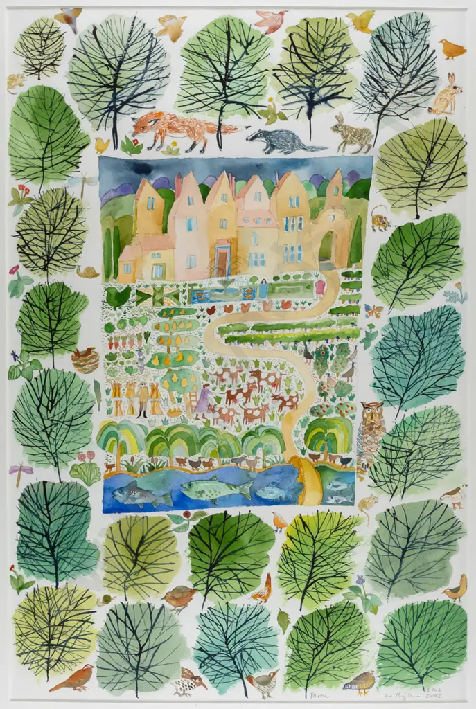 illegible signature - framed watercolour "Farm" H-560 W-370 Image 1++