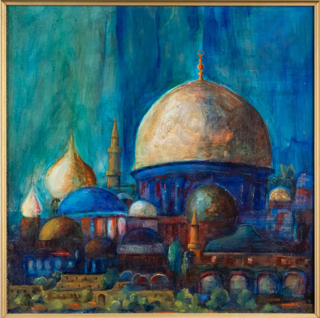 illegible signature 1999 - framed acrylic  - "Holy City III" H-330 W-330 (framing needs attention) Image 1++