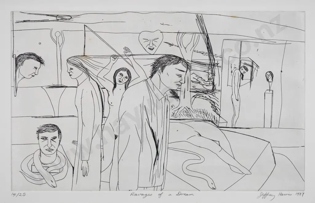 Jeffrey Harris 1987 - framed etching 14/25  "Ravages of a Dream" H-250 W-400 (very slight foxing) Image 1++