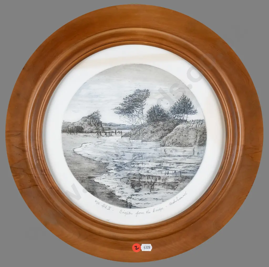 Heather Maxwell - framed circular etching 6/15 "Brighton from the Bridge" Diam- 220 (some marking to surround) Image 1++