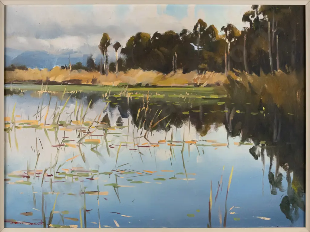 Brent Trolle - framed oil on board "Reeds, Lake Mahinapua Westland" H-290 W-390 Image 1++