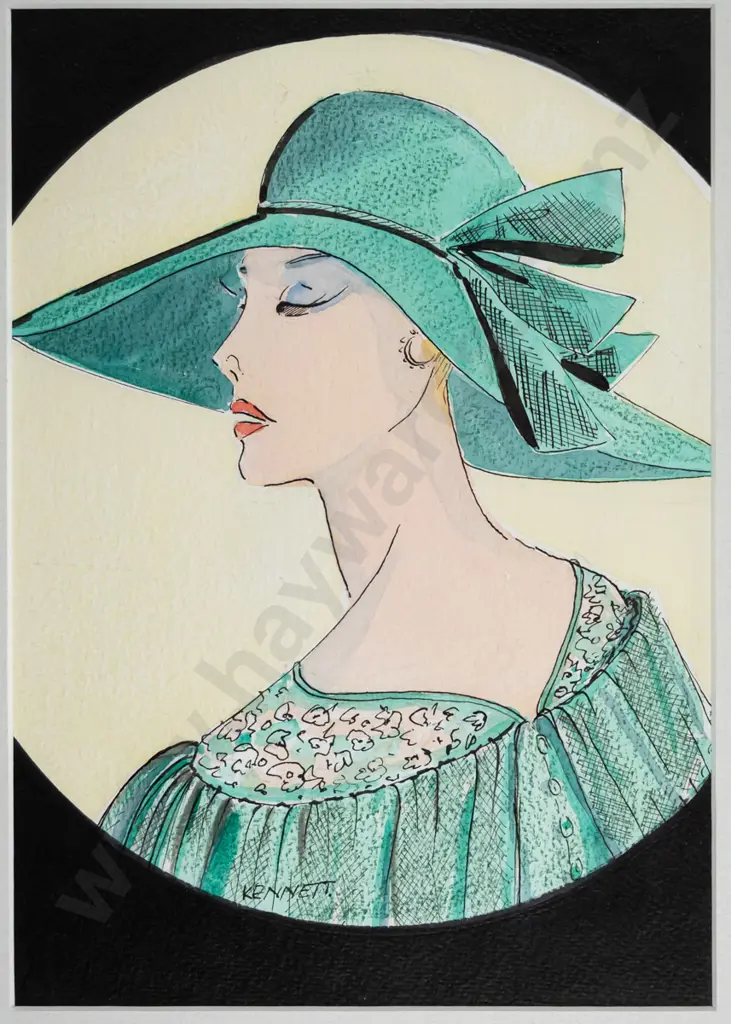 Lindsay G Kennett 1929 - framed ink & watercolour "Hat" H-280 W-200 Image 1++