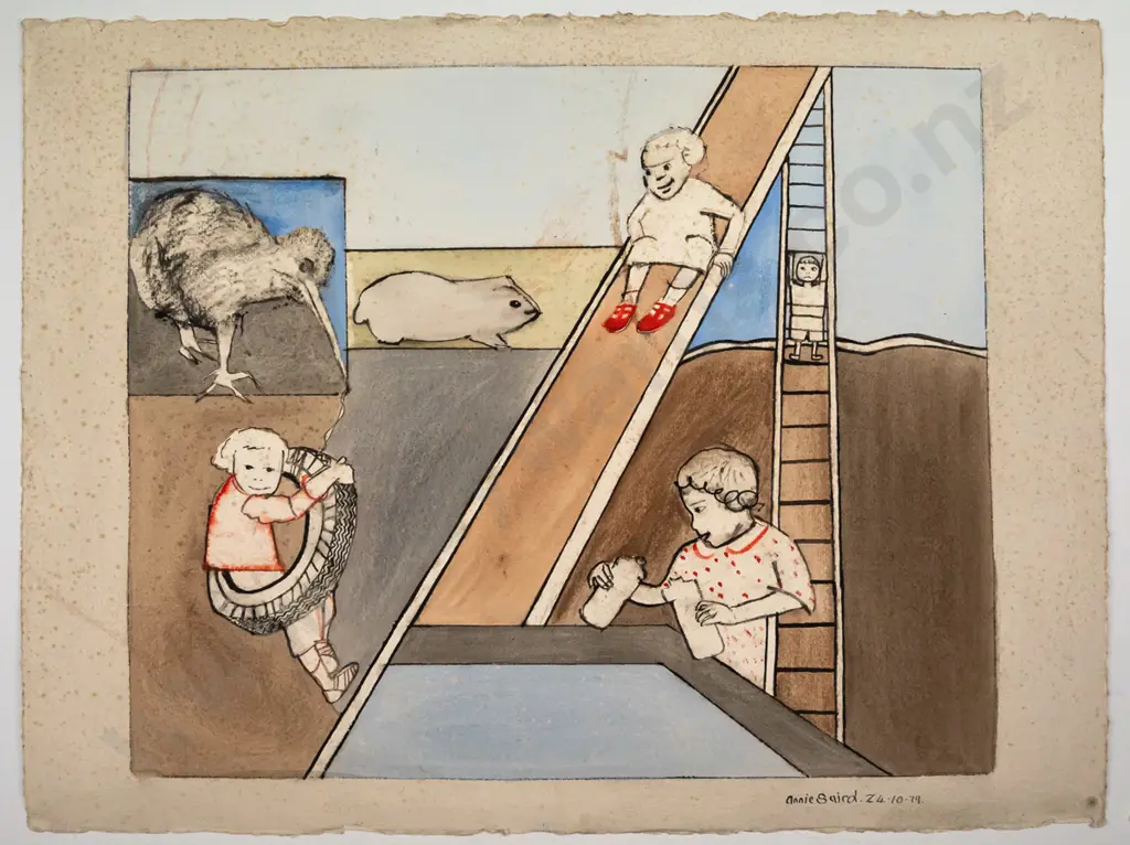 Annie Baird 79 - unframed watercolour on paper -children playing H-490 W-600, foxing Image 1++