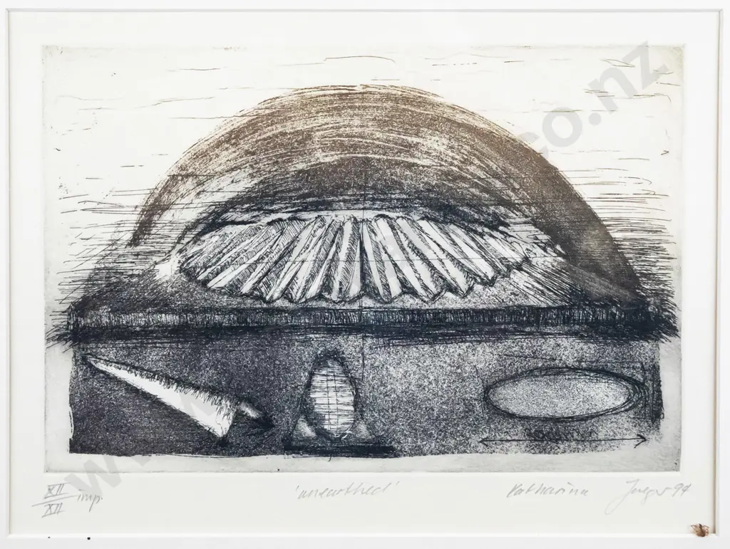 illegible signature '94 - framed etching 12/12 "unearthed" H-160 W-240 (underside of glass needs a clean) Image 1++