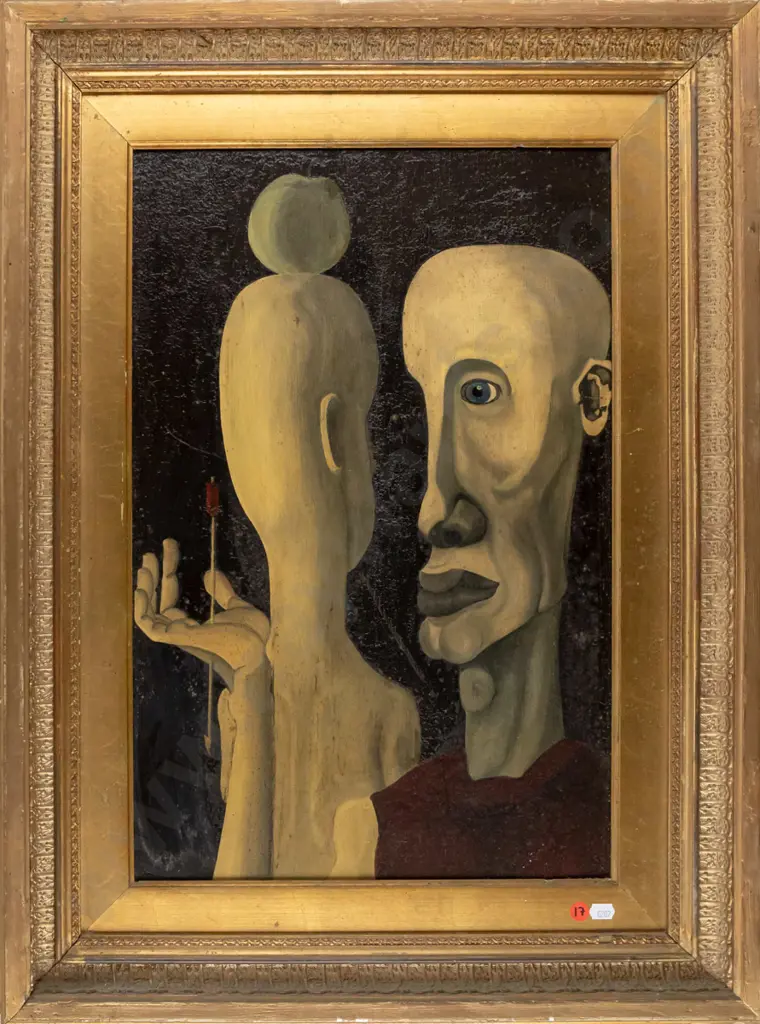 unsigned oil on board, couple facing each other, some age damage to painting and frame H-520 W-340 Image 1++