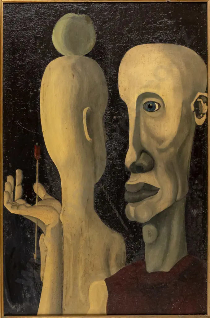 unsigned oil on board, couple facing each other, some age damage to painting and frame H-520 W-340 Image 1++