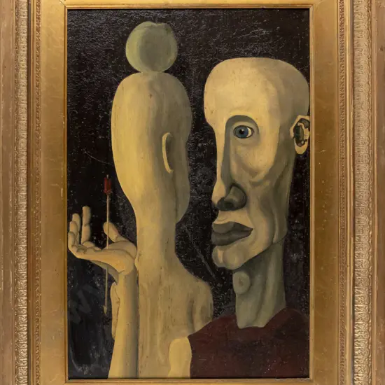 unsigned oil on board, couple facing each other, some age damage to painting and frame H-520 W-340