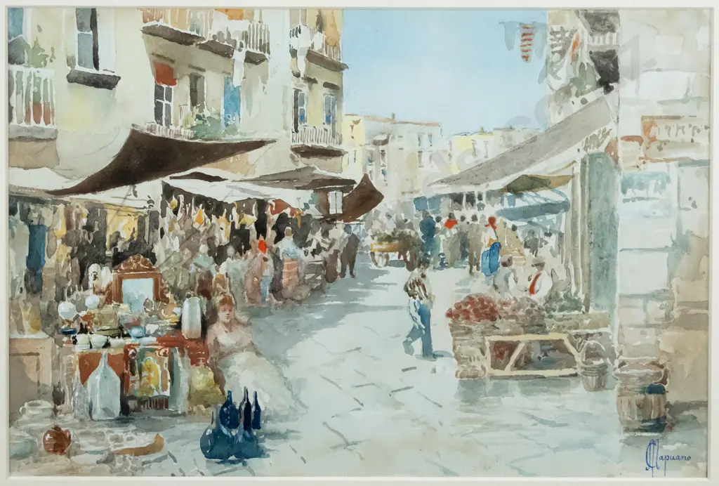 Michele Capuano - framed watercolour - street scene H-220 W-300 Image 1++