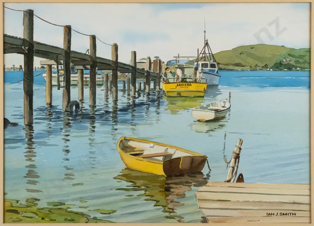 Ian J Smith - framed watercolour "Fishing boats & dinghies, from Wellers to Otago Harbour Heads H-240 W-330 Image 1++