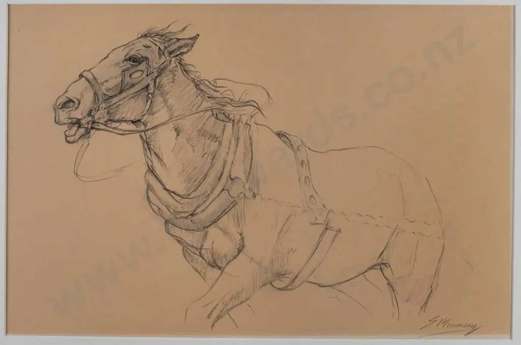 Simon Mouncey 2004 -framed charcoal on card -horse & harness H-300 W-460 Image 1++