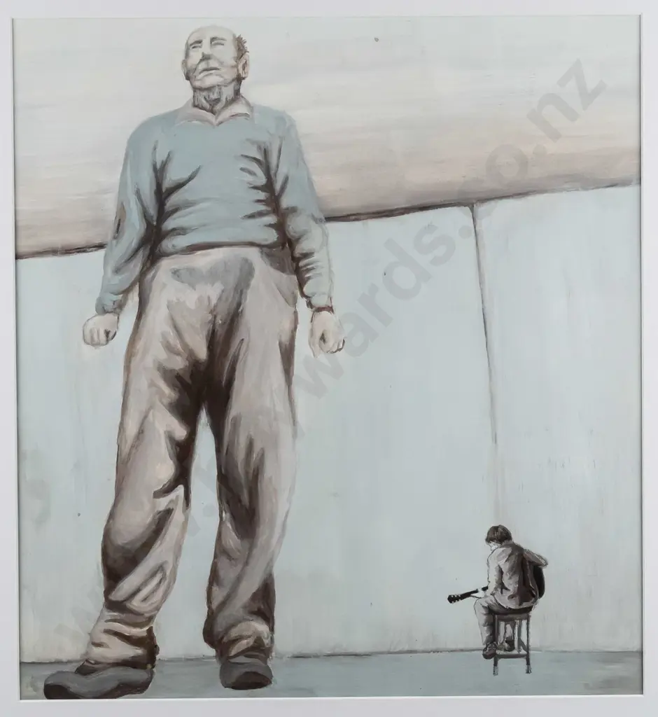 unsigned framed watercolour - very tall man & person playing guitar H-390 W-360 Image 1++