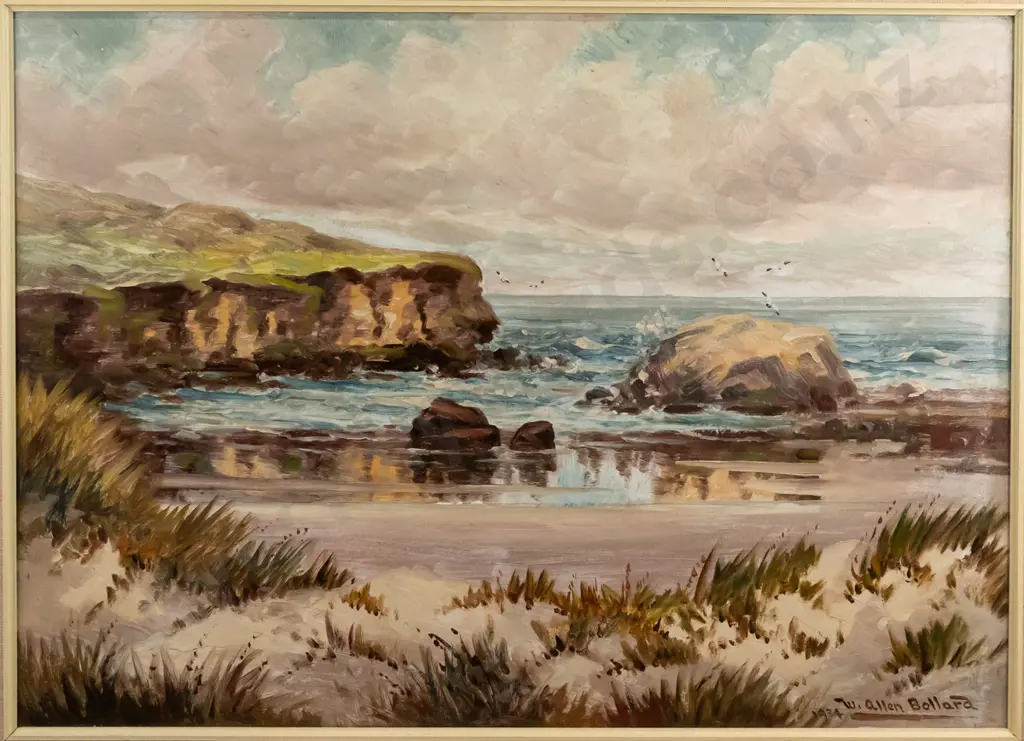 W Allen Bollard - framed oil - coastal scene H-640 W-900 Image 1++