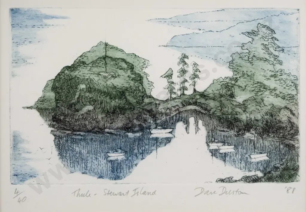 Dave Duston '88 - framed etching 4/40 "Stewart Island" H-130 W-200 Image 1++