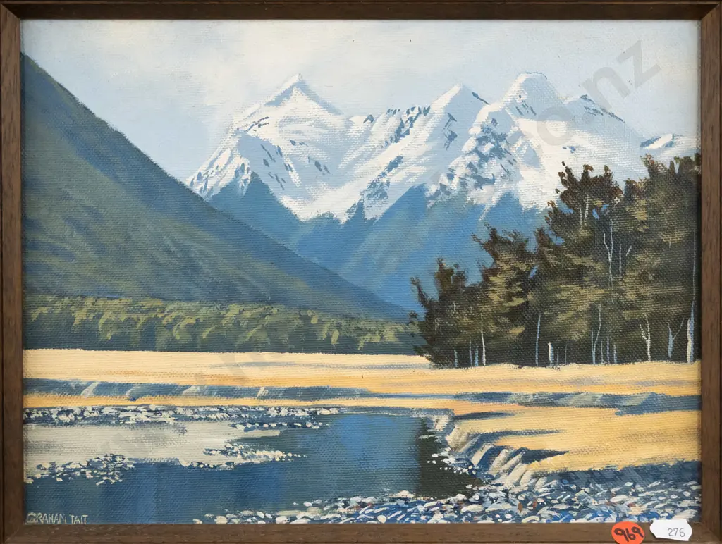 Graham Tait - framed acrylic - lake & mountain scene H-220 W-290 Image 1++