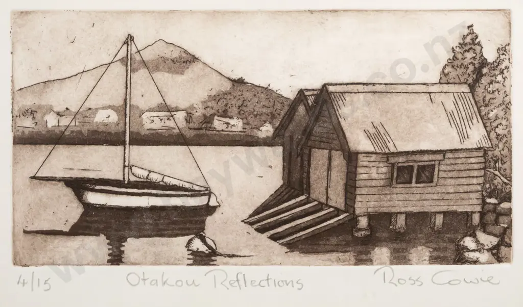 Ross Cowie - framed ltd edition print 4/15 "Otakou reflections" H-120 W-240 Image 1++