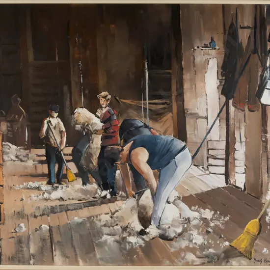 Denis Kent 1973 - framed oil on board "On the board" H-530 W-730 (framing needs attention)