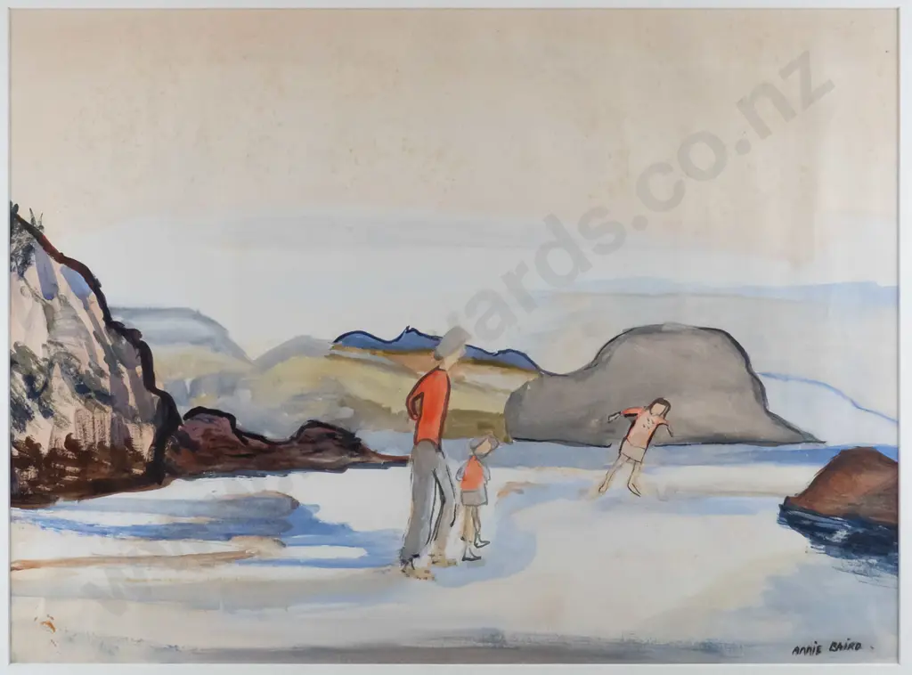 Annie Baird - framed watercolour - people on beach H-420 W-580, foxing, glass needs a clean Image 1++