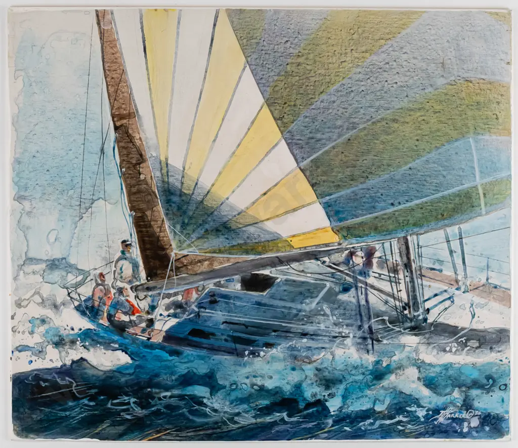 David Barker, framed mixed media "Sailing Bay of Islands" H-400 W-470 Image 1++