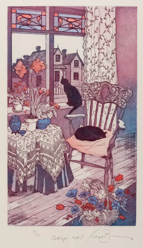 Karen Burrows - framed ltd edition print 19/80 "Cottage Cat I" H-400 W-200 Image 1++
