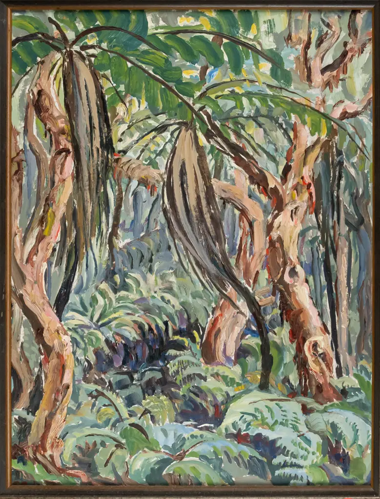 Eana B Jeans - framed oil "NZ Forest Nursery" H-440 W-340 Image 1++