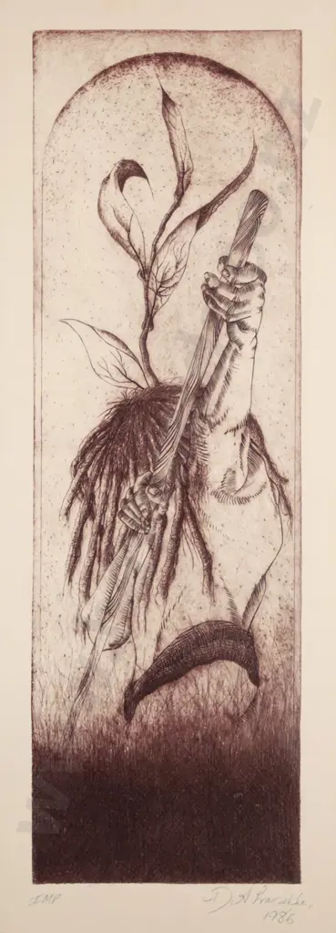 illegible signature 1986 - framed etching IMP - portrait H-380 W-110 Image 1++