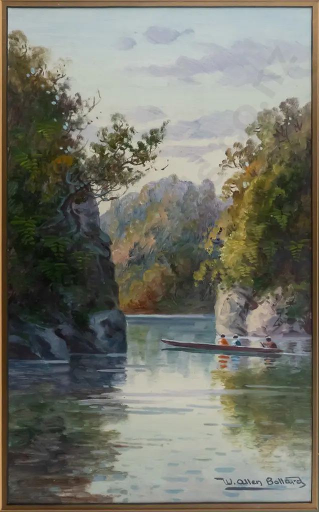 W Allen Bollard - framed oil - boat on water H-530 W-320 Image 1++