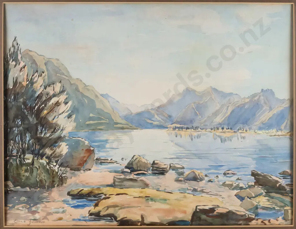 Eana B Jeans - framed watercolour "Wanaka Near Outlet" (slight foxing) H-340 W-440 Image 1++