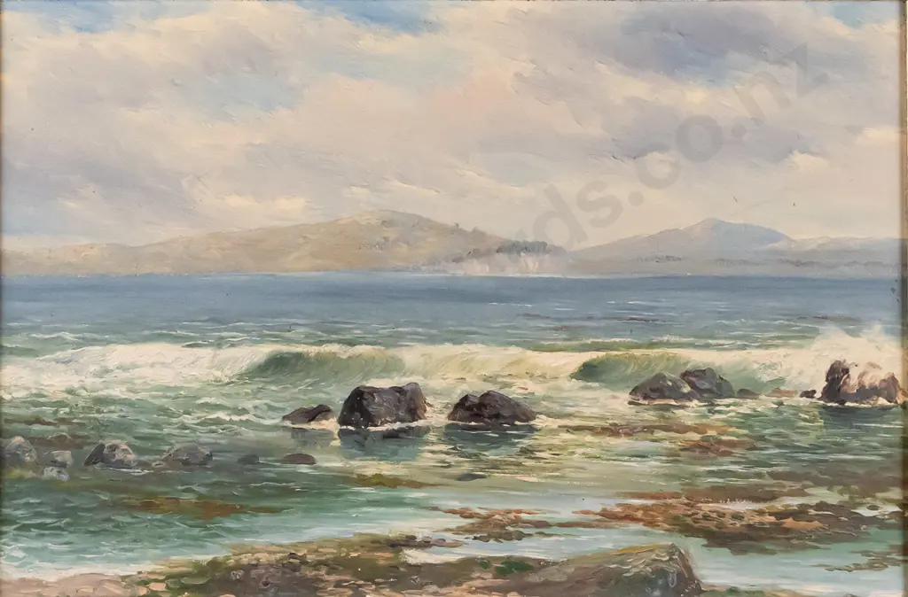 J Elder Moultray - framed oil "A Sunny Afternoon, Moeraki" H-290 W-440 Image 1++