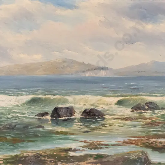 J Elder Moultray - framed oil "A Sunny Afternoon, Moeraki" H-290 W-440