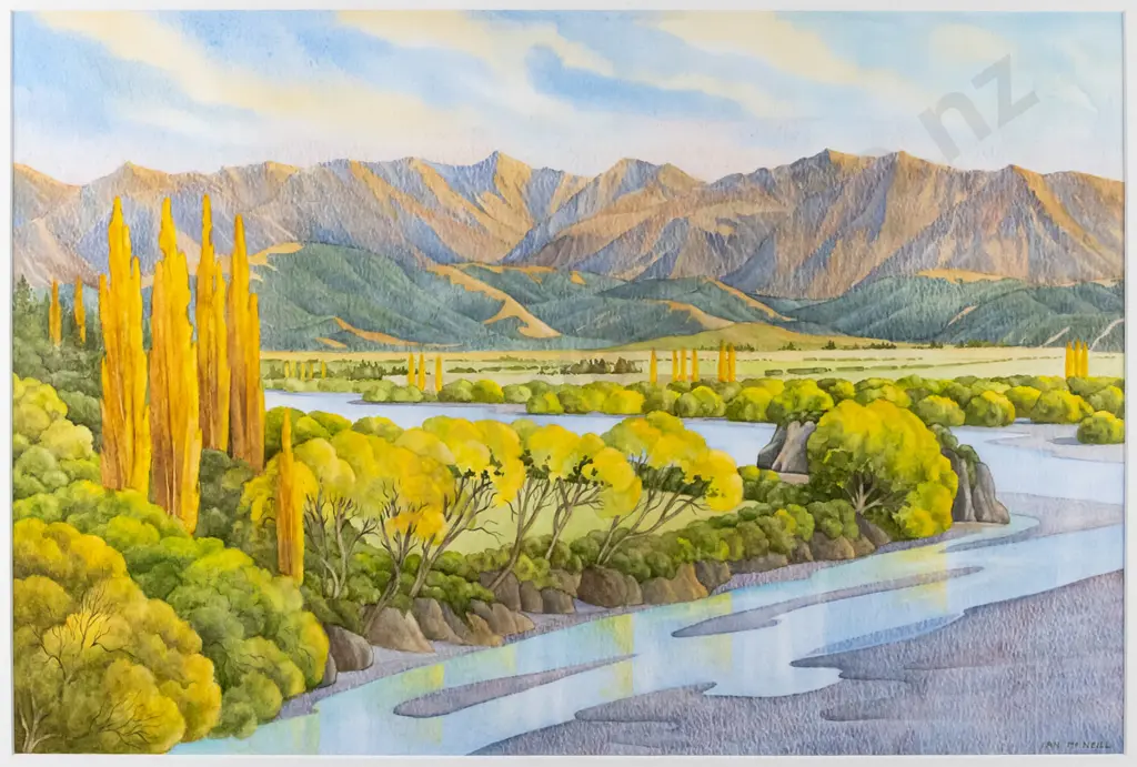 Ian McNeill 2006 - framed watercolour "Autumn Waiau River Near Hanmer Springs" H-340 W-510 Image 1++