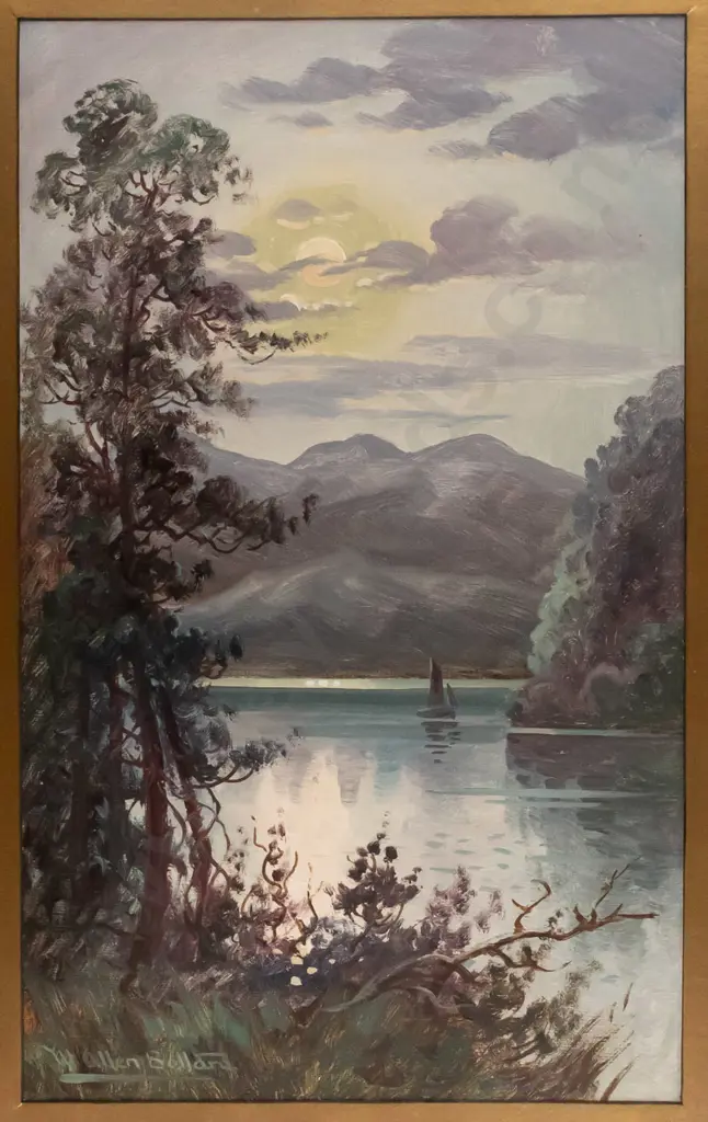 W Allen Bollard - framed oil - lake and mountain scene H-530 W-320 (mat needs attention) Image 1++
