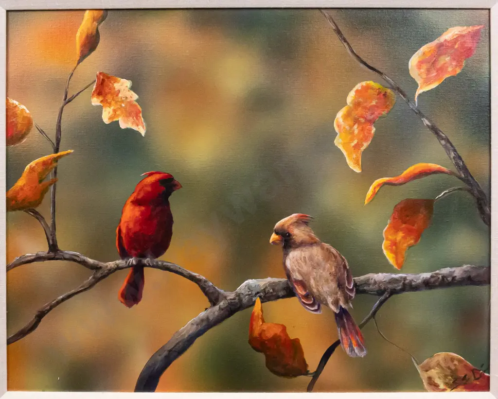 JSD - framed oil on canvas - birds on branch H-390 W-490 (framing needs attention) Image 1++