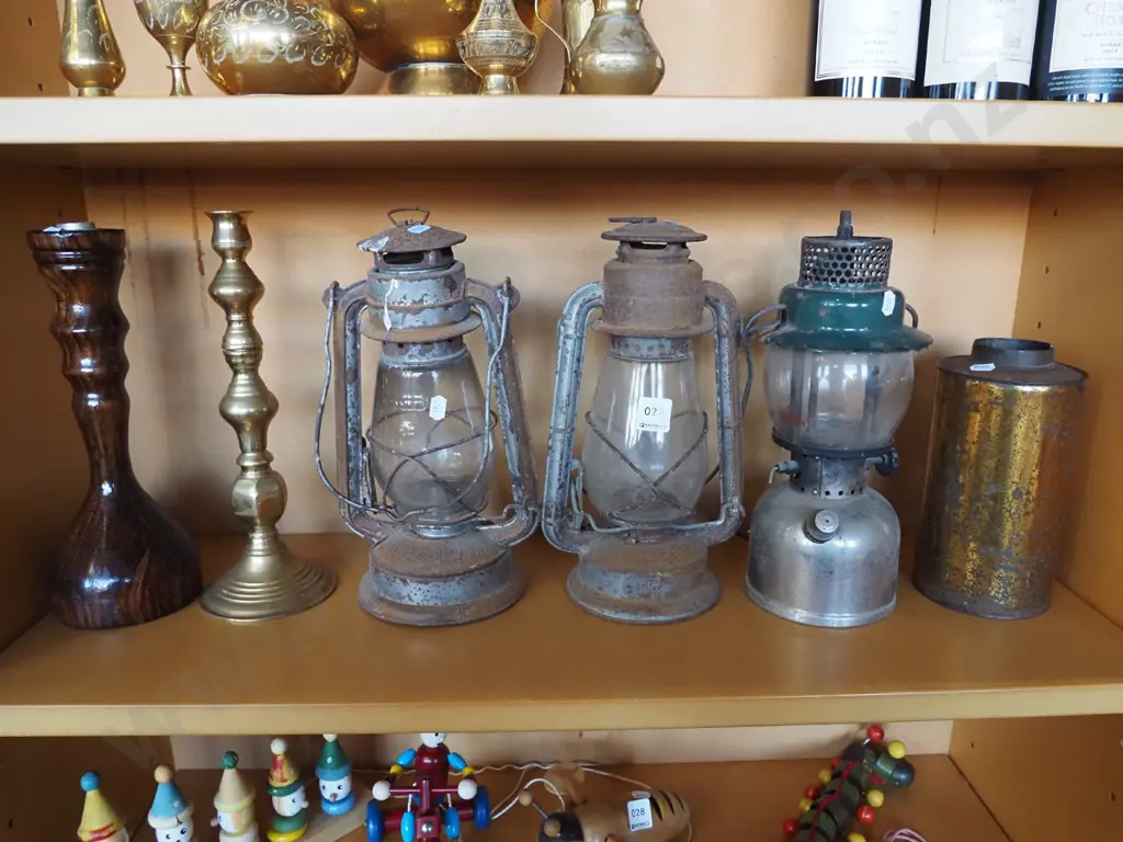 wood and brass candlestick, rusty hurricane lanterns, Tilley lamp, tin Image 1++