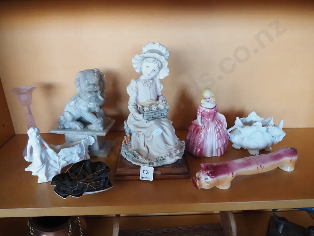 shelf; carved alabaster foo dog, figurines etc Image 1++