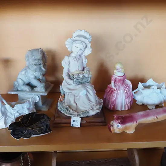 shelf; carved alabaster foo dog, figurines etc