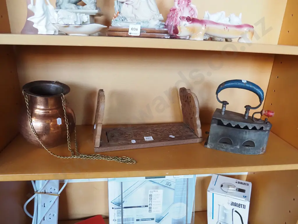 small carved Middle Eastern book shelf, copper hanging planter, very vintage iron Image 1++