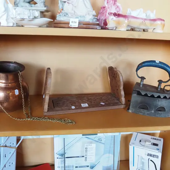 small carved Middle Eastern book shelf, copper hanging planter, very vintage iron