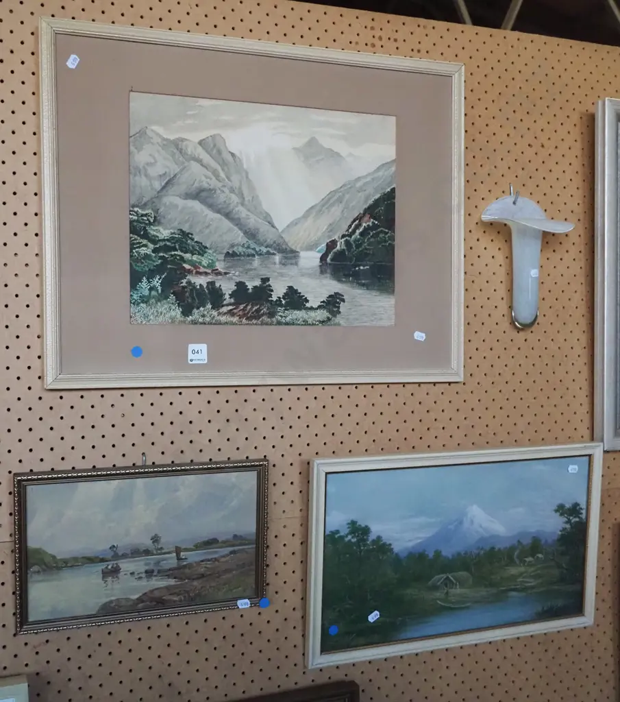framed watercolour, oil on board, Maori pa Taranaki print - blue dots Image 1++