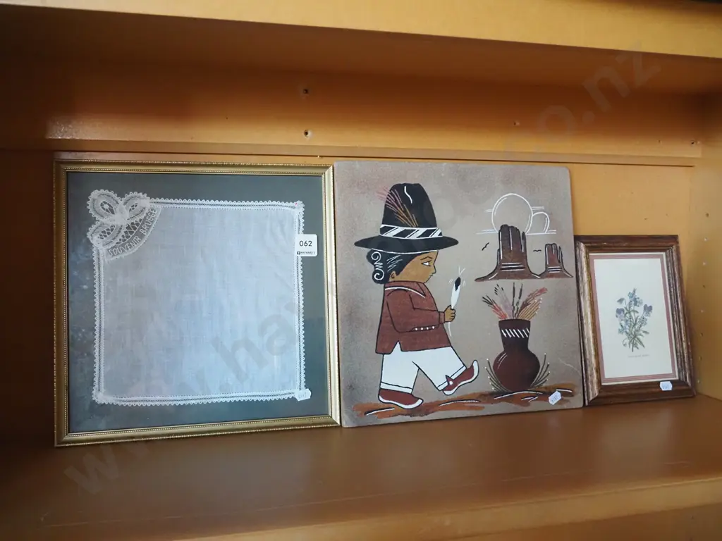 framed hankerchief, sand picture on board, small floral print  Image 1++