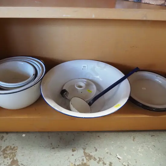 enamel ware; chamber pot, bowl, candlestick etc