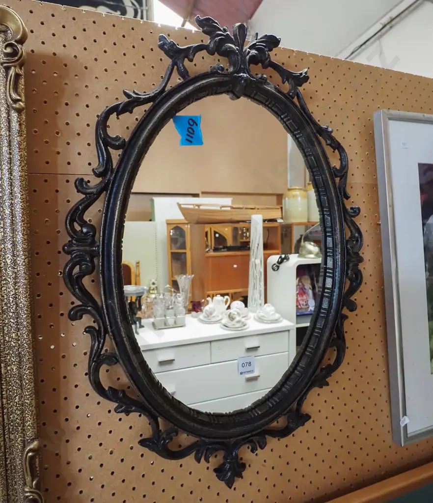 ornate reproduction cast metal oval wall mirror Image 1++