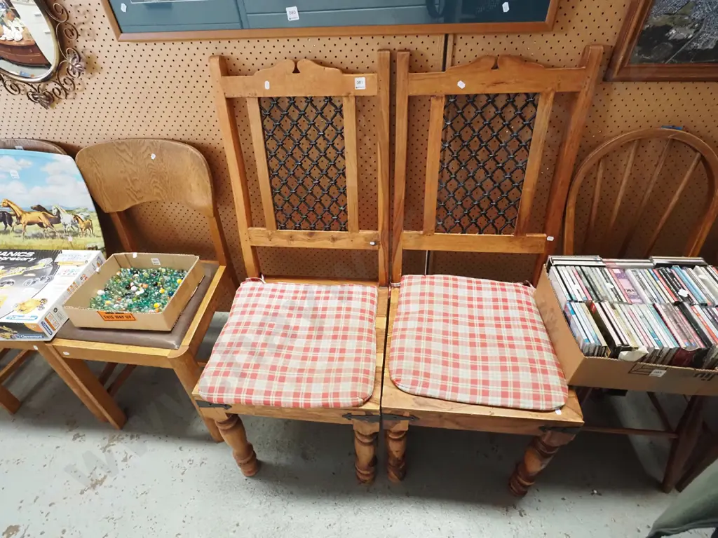 2x unusual Indonesian hardwood chairs with turned legs, metal frieze back and cushions Image 1++