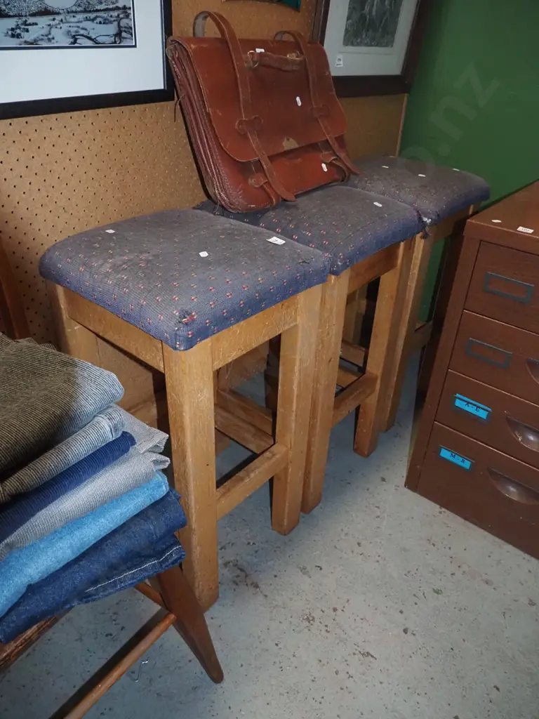 3x wooden stools - varnish and upholstery needs attention Image 1++