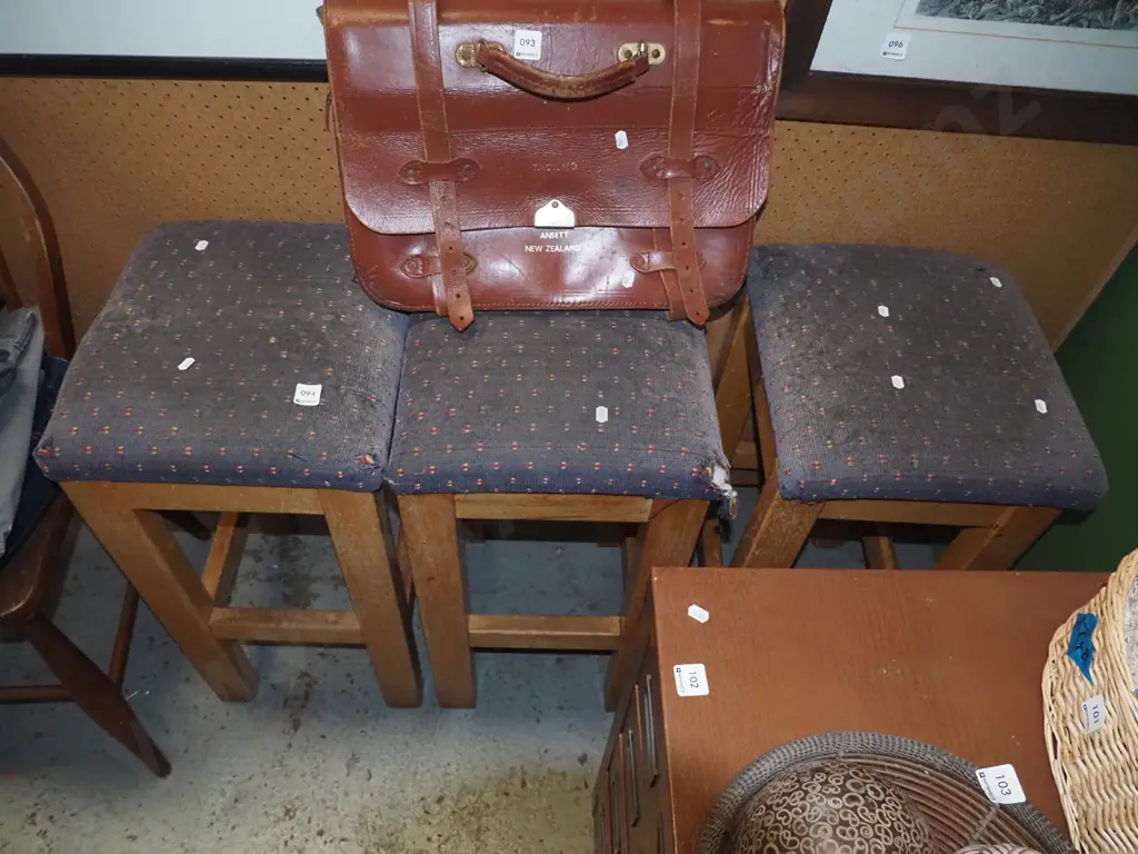 3x wooden stools - varnish and upholstery needs attention Image 1++