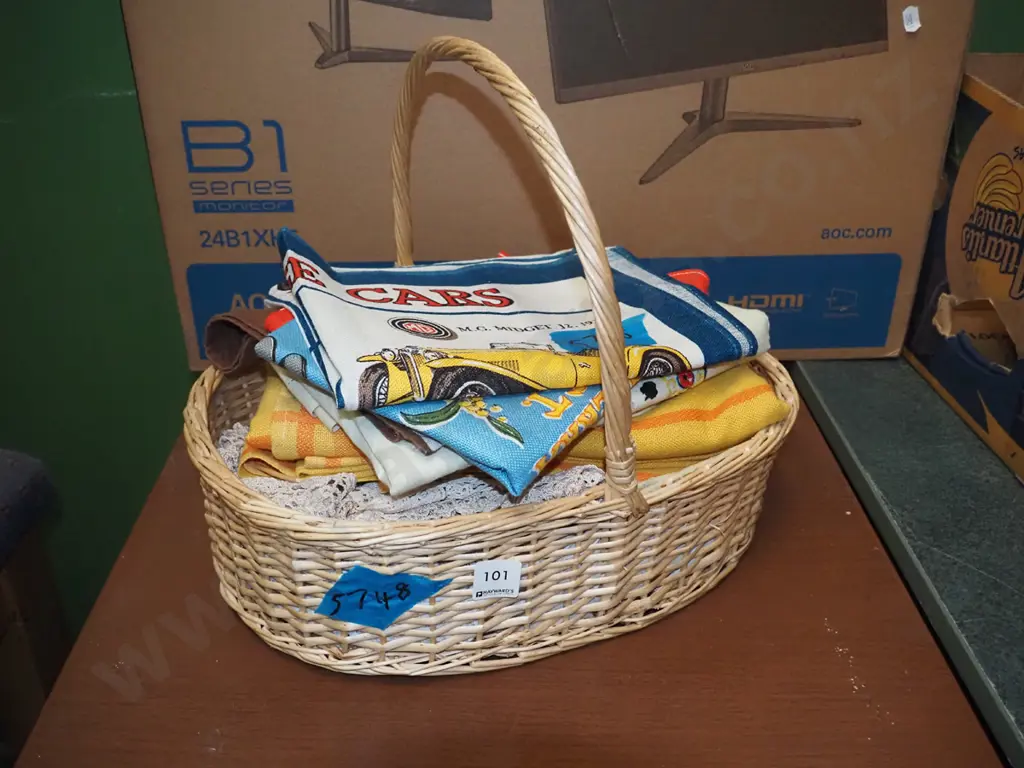 cane basket, tablecloths, tea towels etc Image 1++