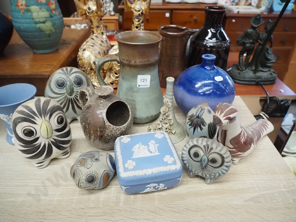 studio pottery tankard, salt pig, vases, Mexican owls etc Image 1++