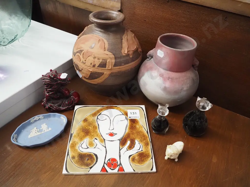 2x studio pottery vases, ceramic picture tile, glass cat ornaments etc Image 1++