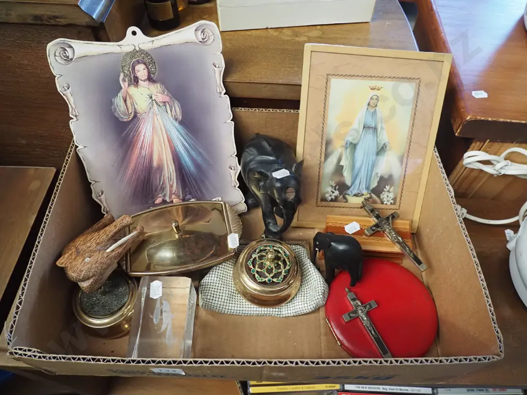 box; religious print, elephant figurines, trinket boxes Image 1++