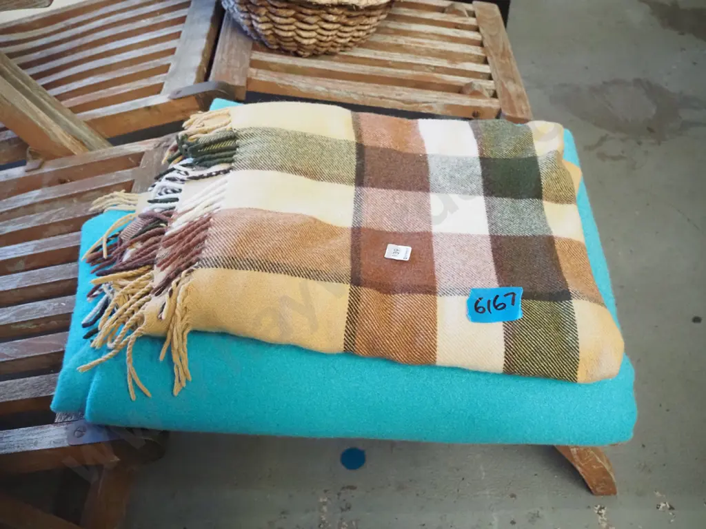 teal woollen blanket, brown travel rug Image 1++
