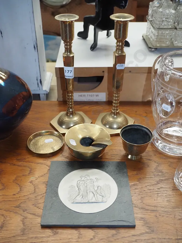 brass ware; ashtray, candlesticks, small bowl etc Image 1++